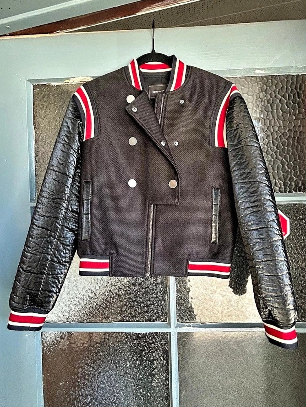 BCBGMAXAZRIA Women's Varsity Jacket in Black & Red size M